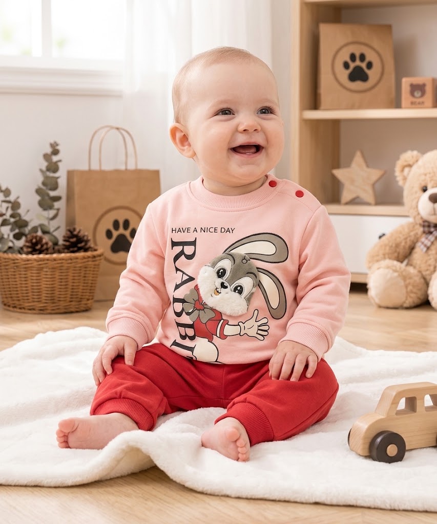 Baby Pink Rabbit Sweatshirt & Red Jogger Set
