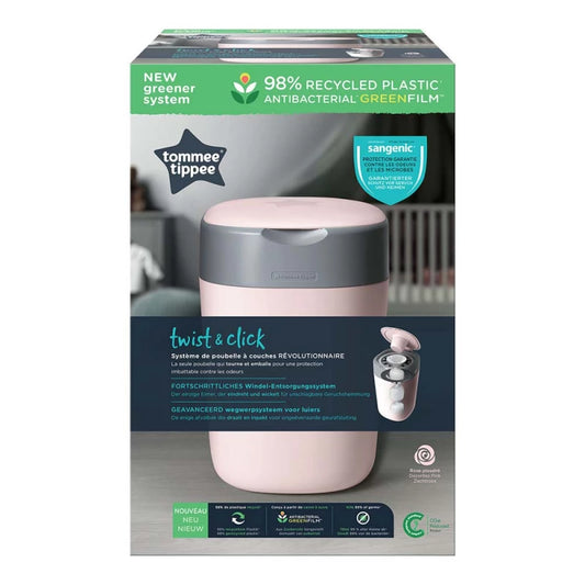 Tommee Tippee Twist & Click Nappy Disposal Bin Pink, Odour-Sealing, Antibacterial Film, Holds 30 Nappies, Eco-Friendly, Stylish Design