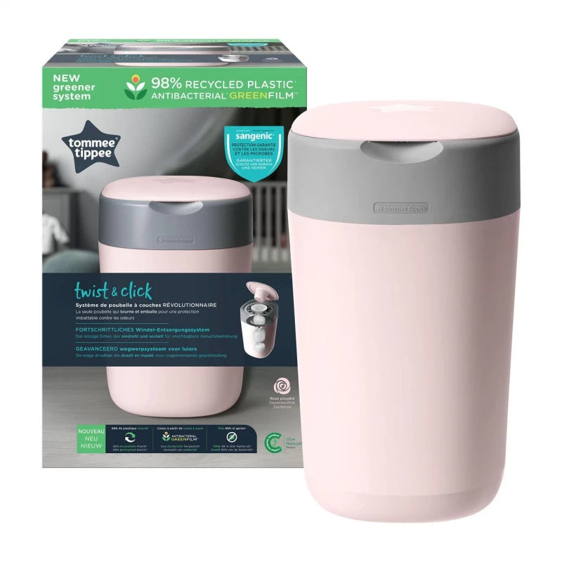 Tommee Tippee Twist & Click Nappy Disposal Bin Pink, Odour-Sealing, Antibacterial Film, Holds 30 Nappies, Eco-Friendly, Stylish Design