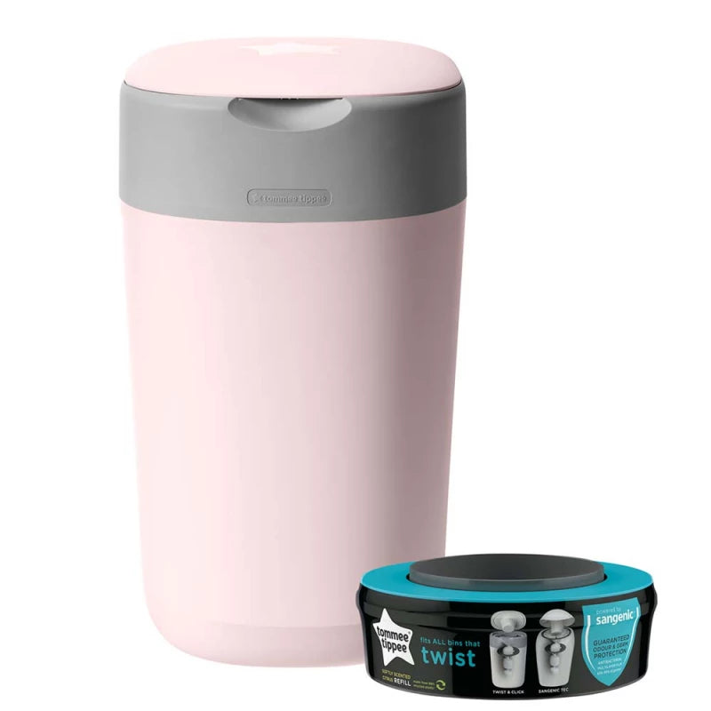 Tommee Tippee Twist & Click Nappy Disposal Bin Pink, Odour-Sealing, Antibacterial Film, Holds 30 Nappies, Eco-Friendly, Stylish Design