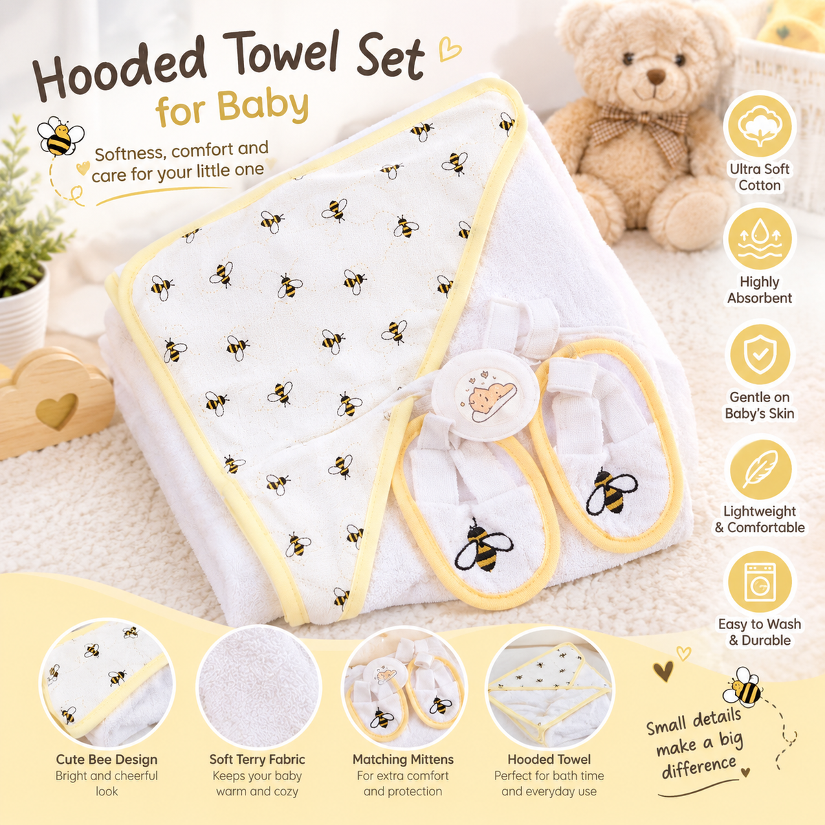 Baby Hooded Towel &amp; Mittens Set