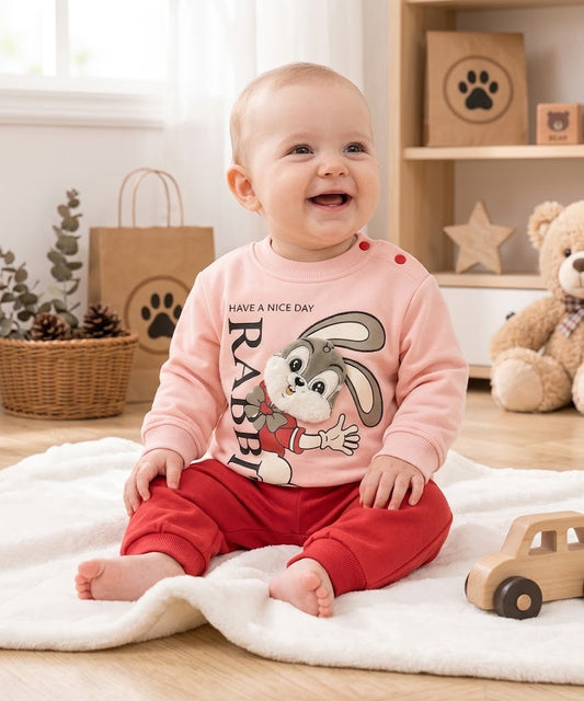Baby Pink Rabbit Sweatshirt & Red Jogger Set